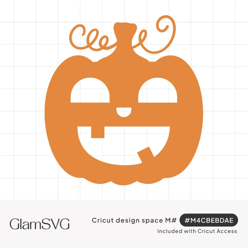 Solid orange jack-o-lantern with half-moon eyes, a wide grin with crooked teeth, a short stem, and curly vines