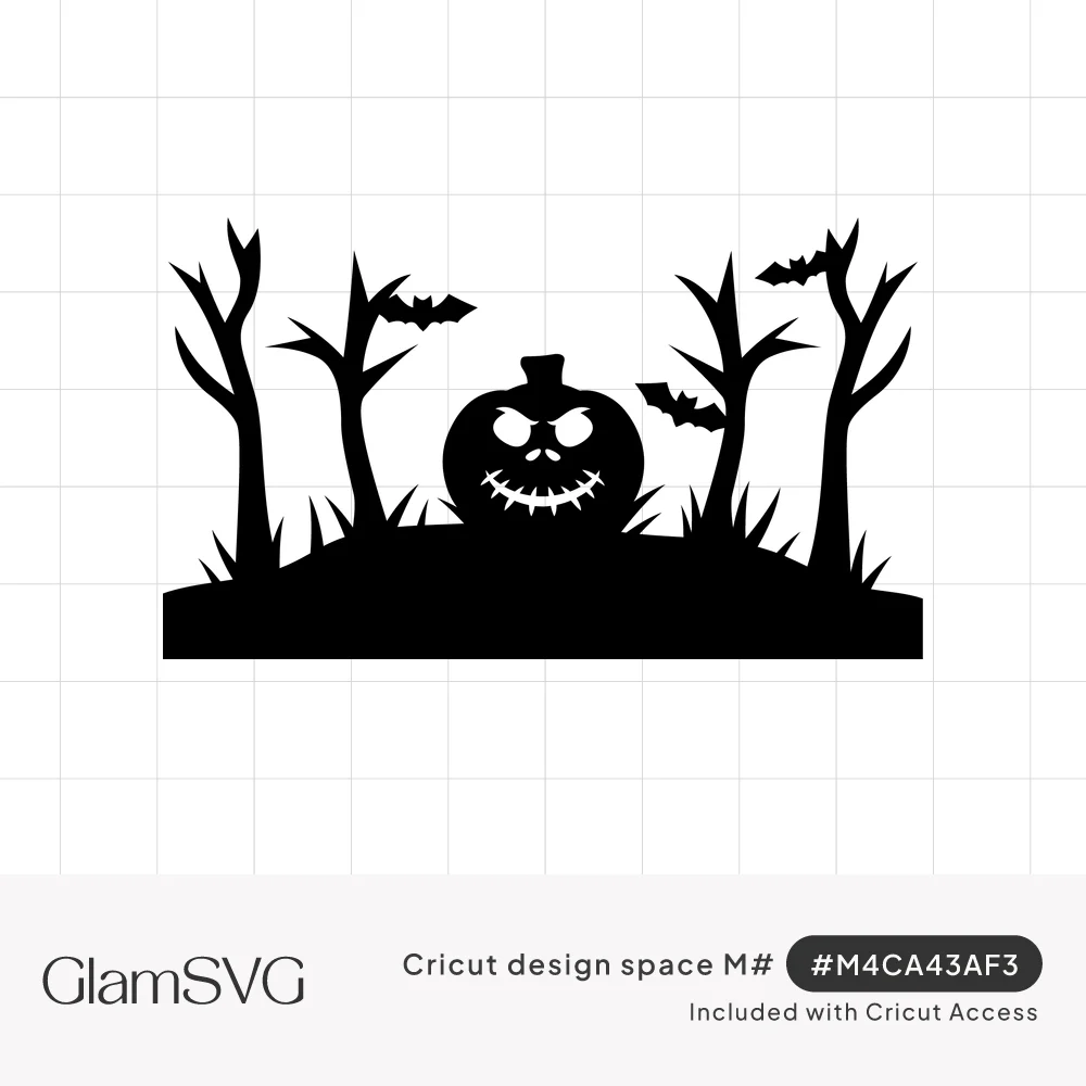Black silhouette of a grinning jack-o'-lantern on a grassy hill between bare spooky trees with flying bats