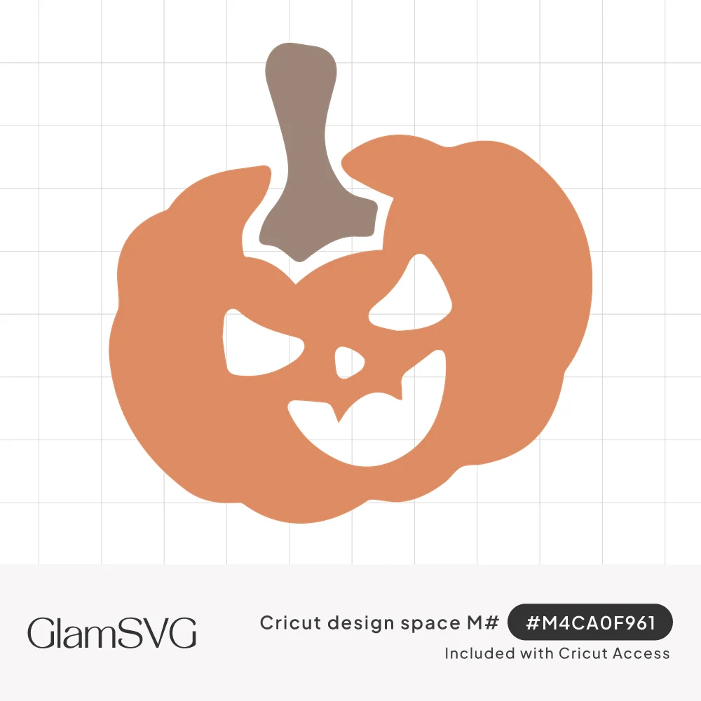 Orange jack-o'-lantern with slanted eyes, a toothy mischievous grin and a crooked taupe stem