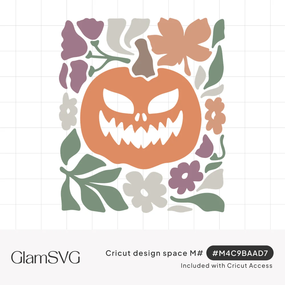 Orange jack-o'-lantern with a toothy grin surrounded by mauve flowers, sage leaves and a maple leaf in muted boho colors