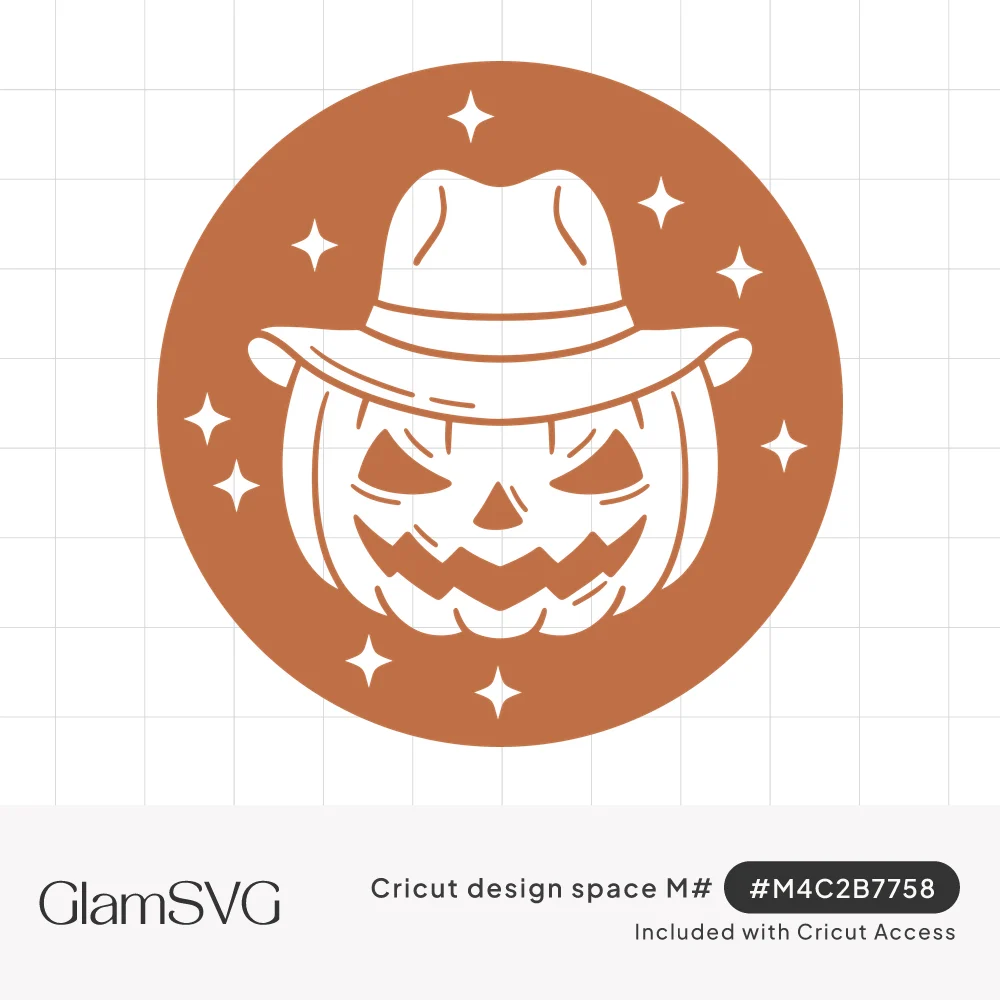 Jack-o'-lantern wearing a cowboy hat inside an orange circle with white sparkles around it