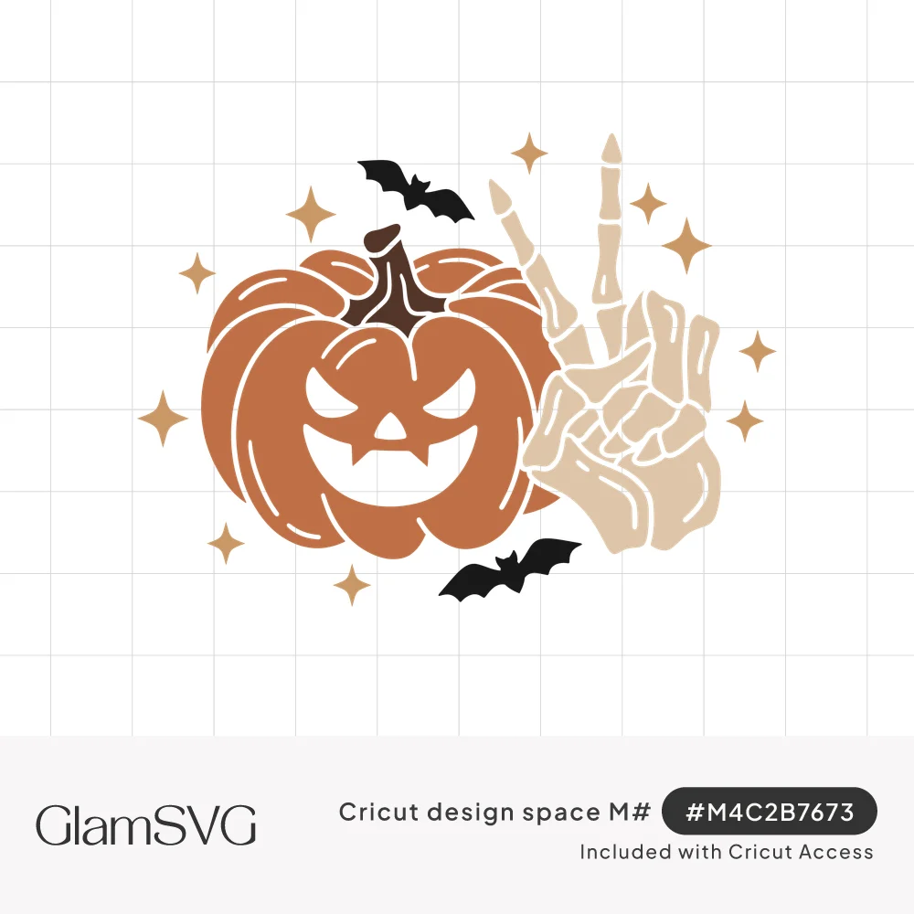 Orange jack-o'-lantern next to a skeleton hand making a peace sign, with black bats and gold sparkles