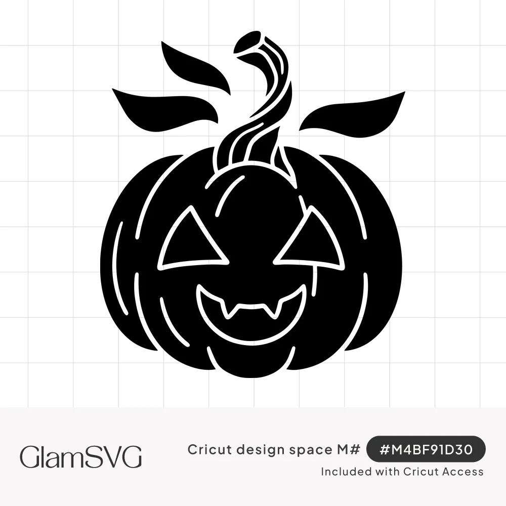 Black silhouette jack-o'-lantern with a curly stem, two leaves, triangle eyes and a fanged grin, with white rib lines
