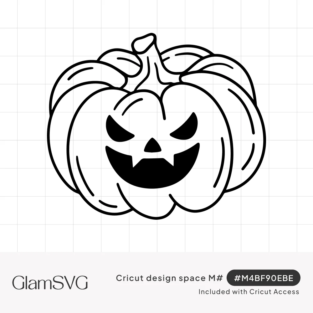 Black outline drawing of a round Halloween pumpkin with a curled stem, slanted eyes and a toothy fanged grin