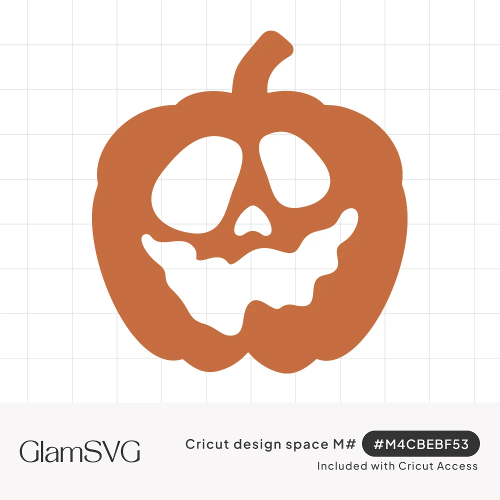 Orange jack-o'-lantern silhouette with a curved stem, oval eyes, small nose and a wide wavy grin