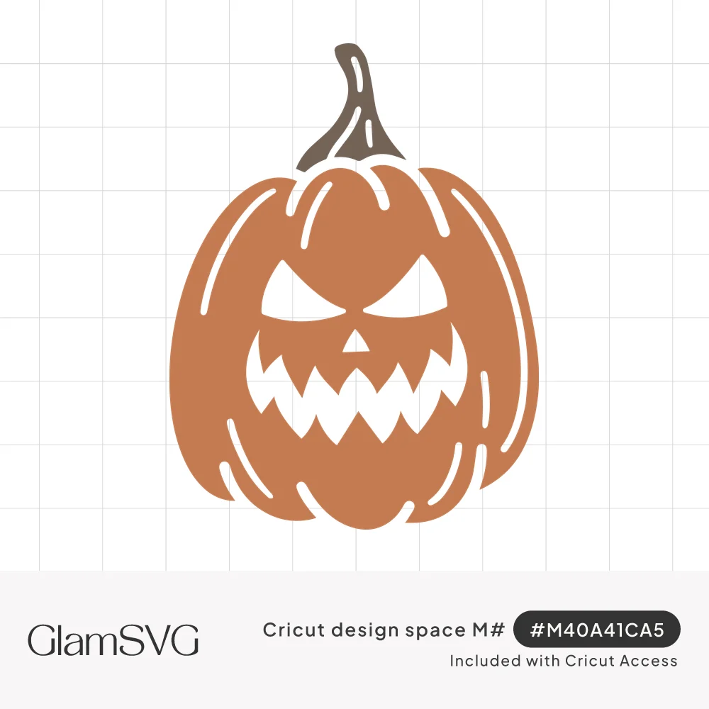 Orange jack-o'-lantern with a brown stem, angry carved eyes, a jagged toothy grin and white rib highlights