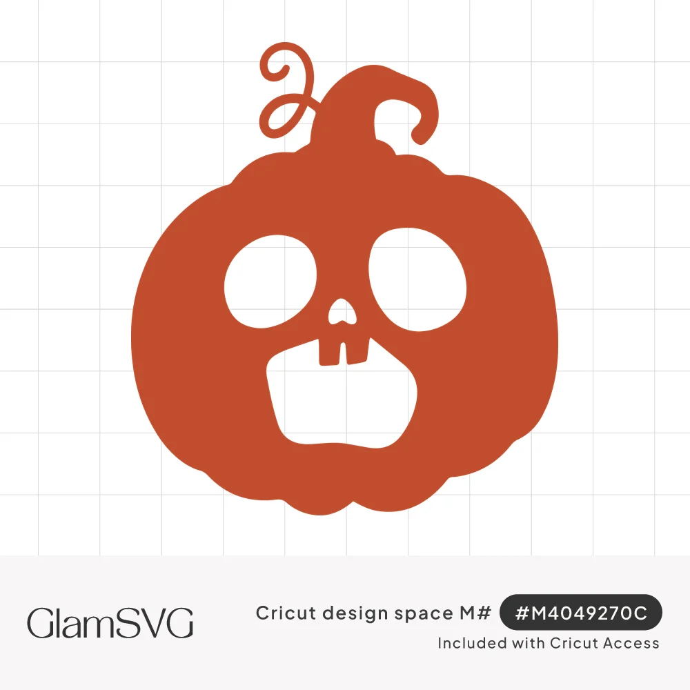 Orange jack-o'-lantern silhouette with round eyes, small nose and open mouth with two buck teeth, topped by a curly vine