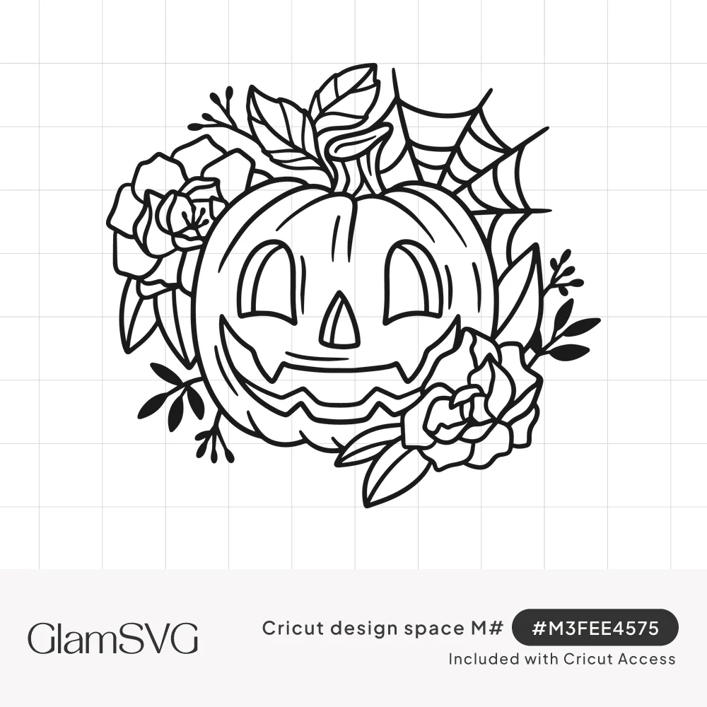 Black line drawing of a smiling jack-o-lantern surrounded by roses, leaves and a spiderweb