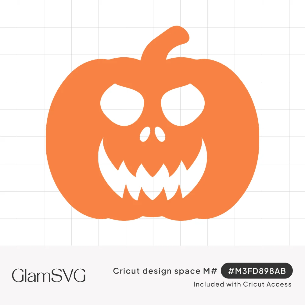Solid orange jack-o'-lantern silhouette with a curled stem, angry cut-out eyes, small nose and jagged toothy grin