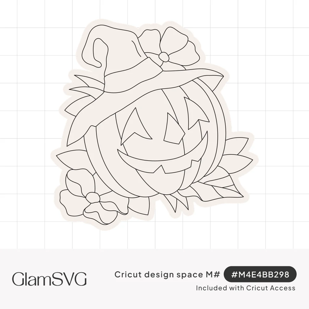 Line art of a smiling jack-o-lantern wearing a witch hat with a flower, surrounded by leaves and blossoms