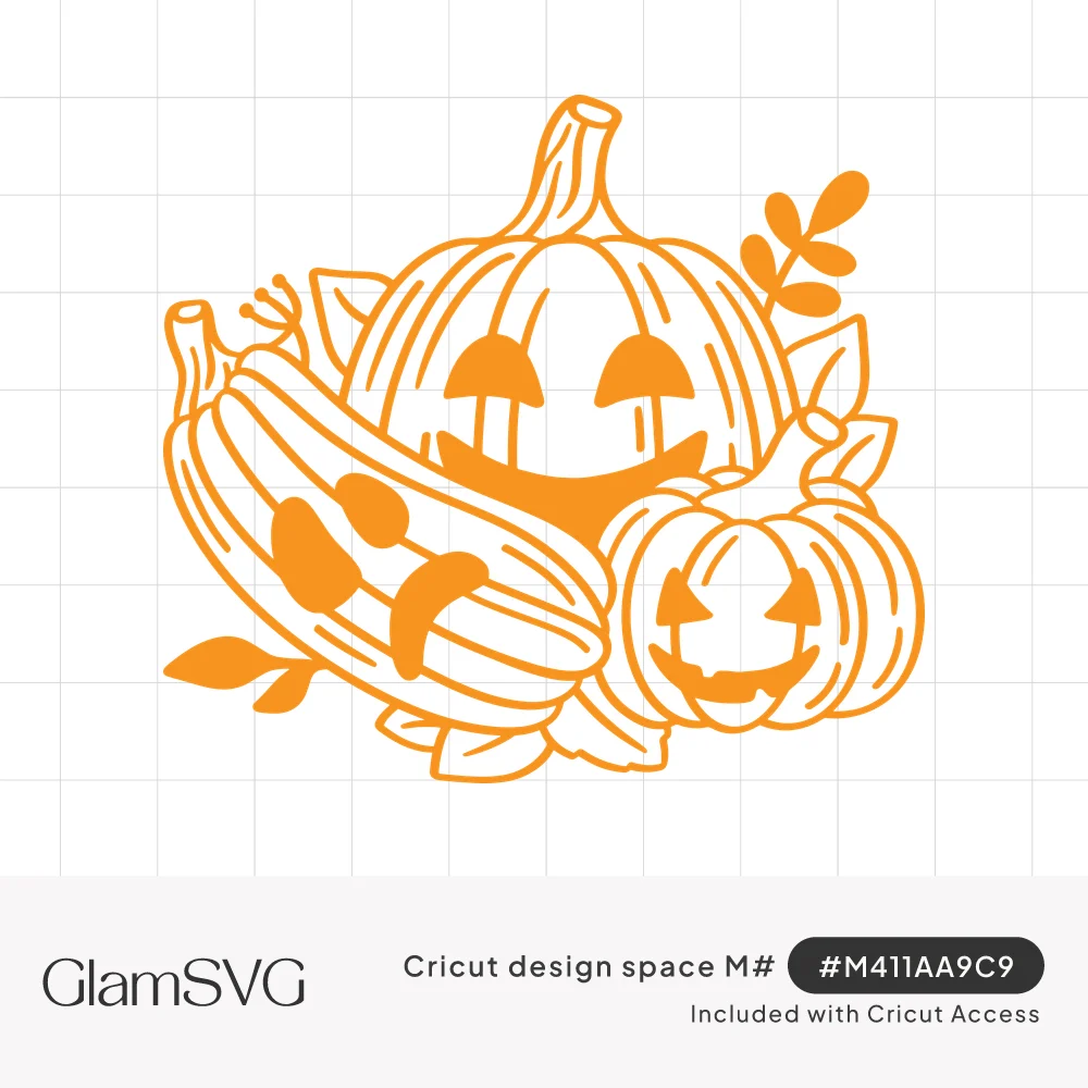Orange outline drawing of three carved jack-o-lanterns, including a long gourd, surrounded by leaves