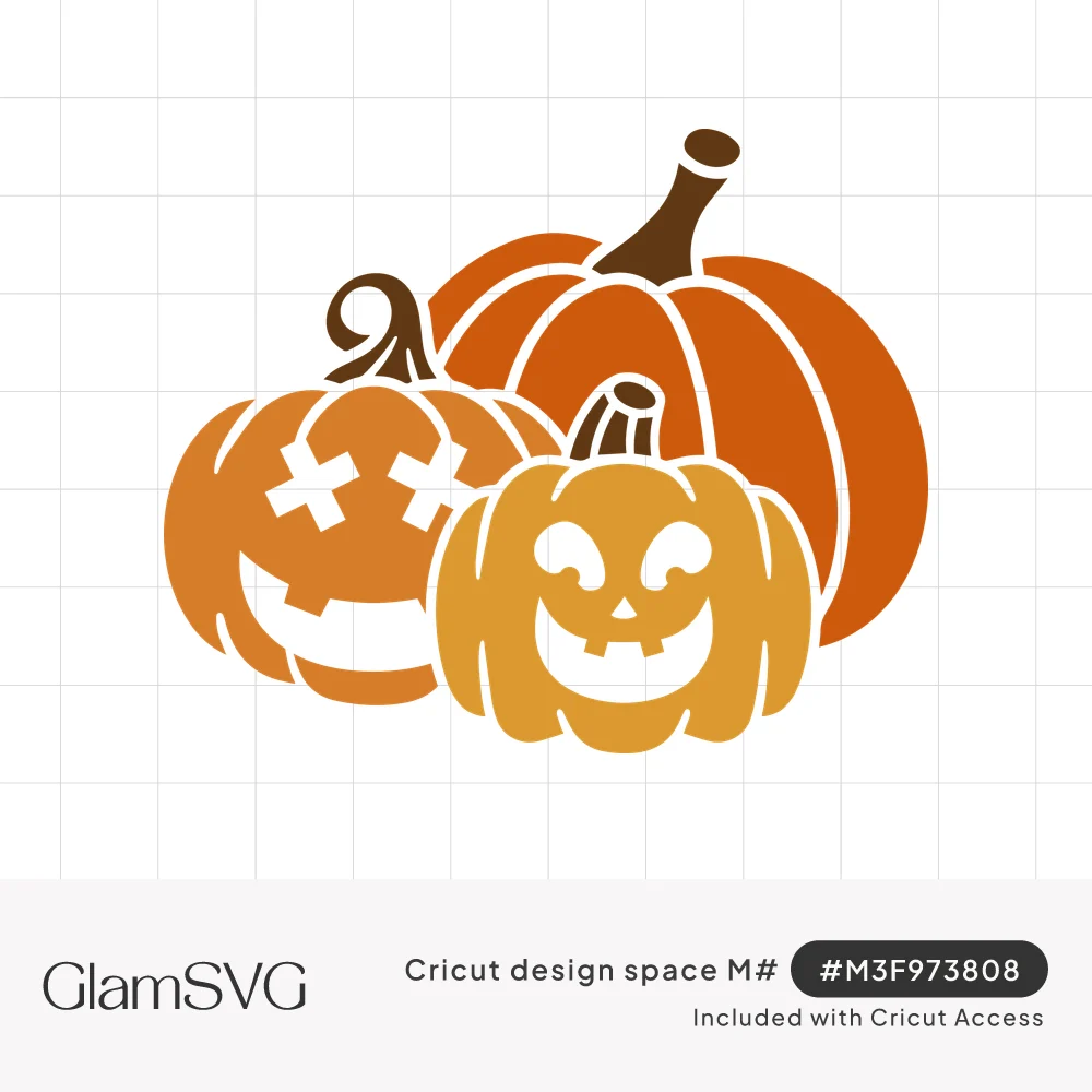 Three orange pumpkins grouped together, two carved as smiling jack-o-lanterns, one with X eyes and one with squinting eyes