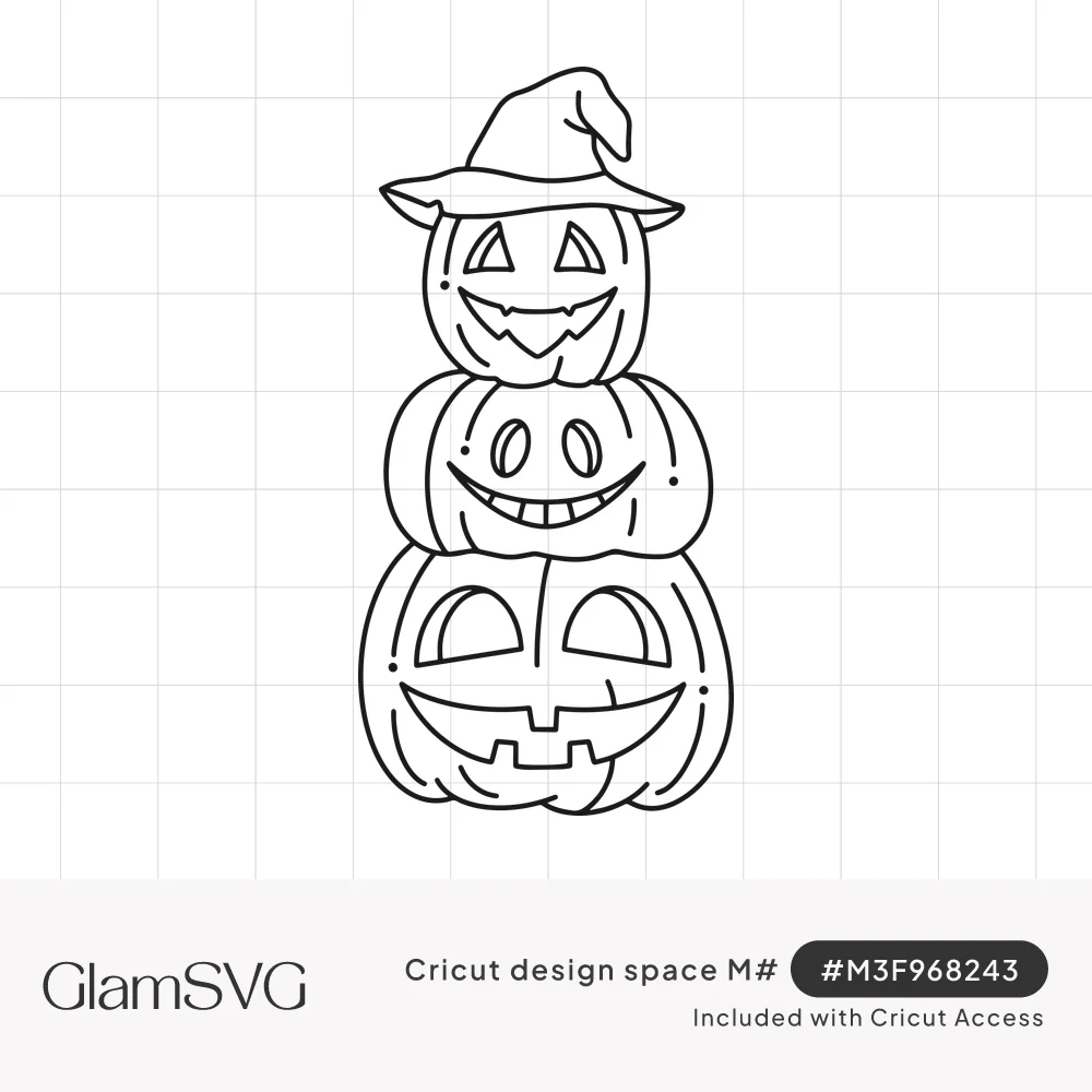 Line drawing of three stacked jack-o'-lantern pumpkins with carved smiling faces, the top one wearing a witch hat