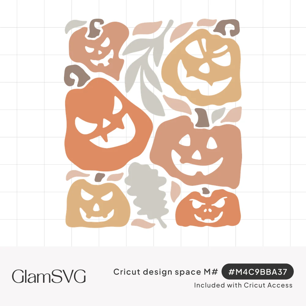 Cluster of six carved jack-o-lanterns with spooky faces and sage fall leaves in muted orange, peach and mustard tones