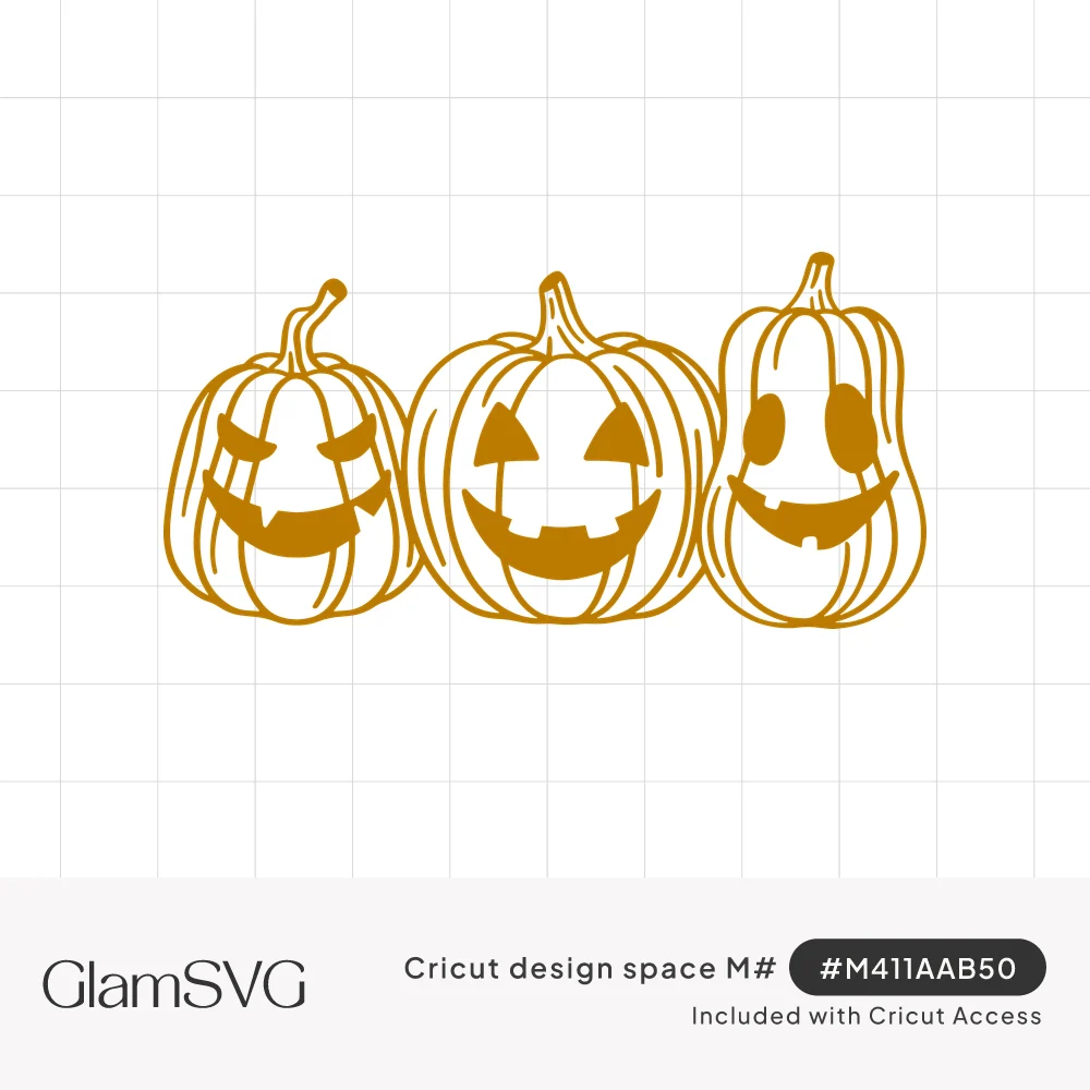 Three line-drawn jack-o'-lanterns in a row with different smiling carved faces, in golden orange outline