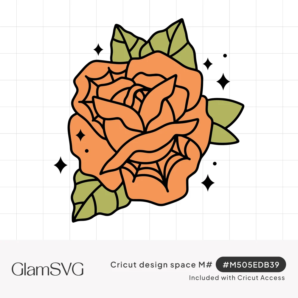 Orange tattoo-style rose with spiderwebs drawn in the petals, green leaves and small black sparkle stars