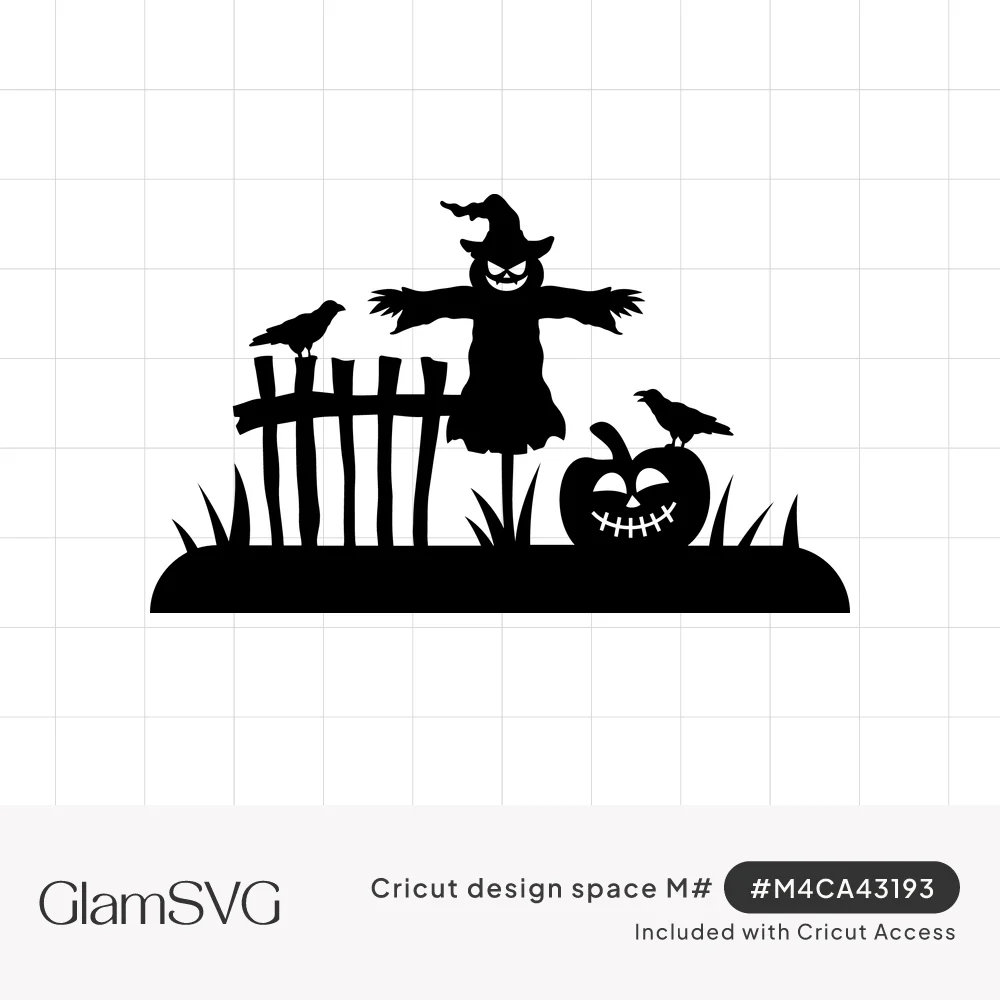 Black silhouette of a witch-hat scarecrow with crows on a fence and a jack-o-lantern on a grassy hill