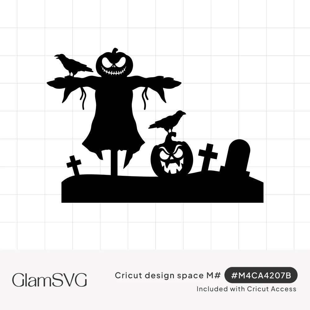 Black silhouette of a jack-o'-lantern scarecrow with crows, a carved pumpkin, crosses and a tombstone in a graveyard