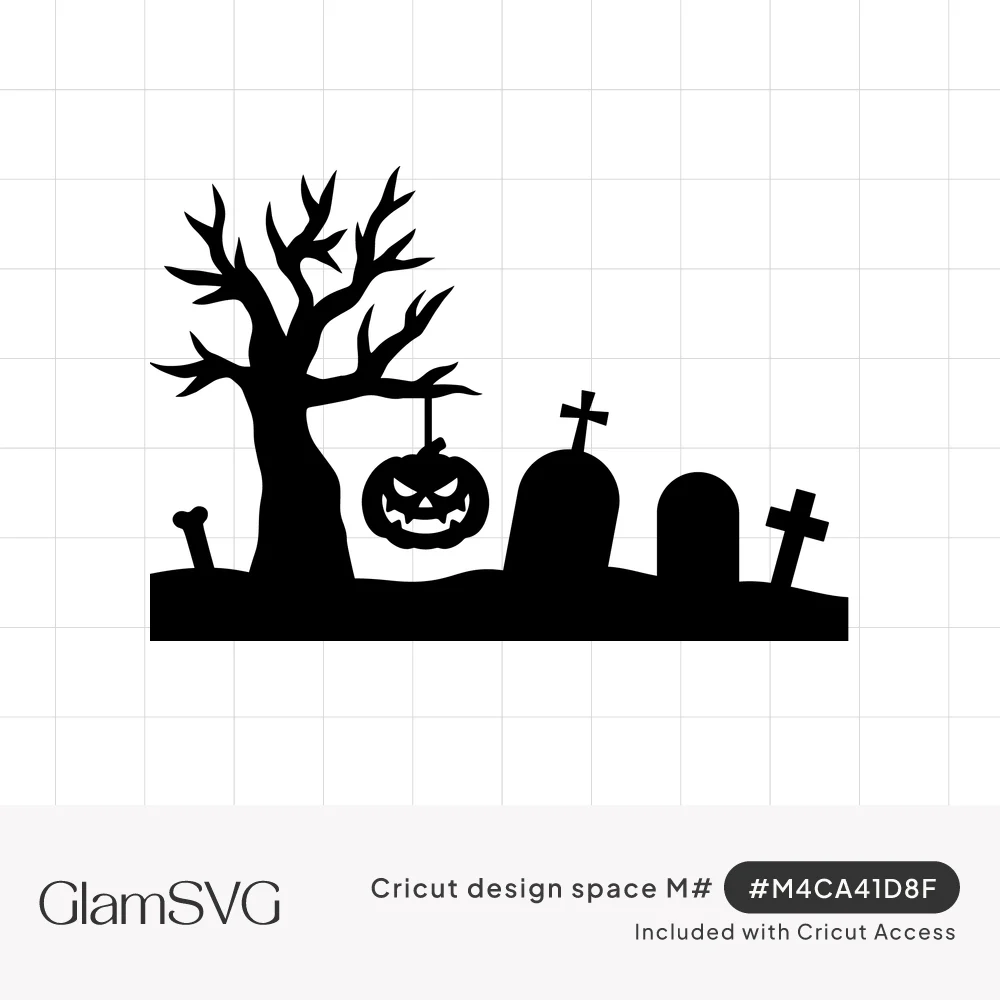 Black silhouette of a bare tree with a hanging jack-o-lantern beside tombstones, crosses and a bone in a graveyard