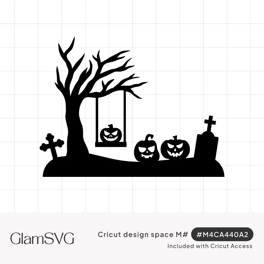 Black silhouette of a bare tree with a jack-o'-lantern on a swing, two carved pumpkins and graveyard tombstones with crosses