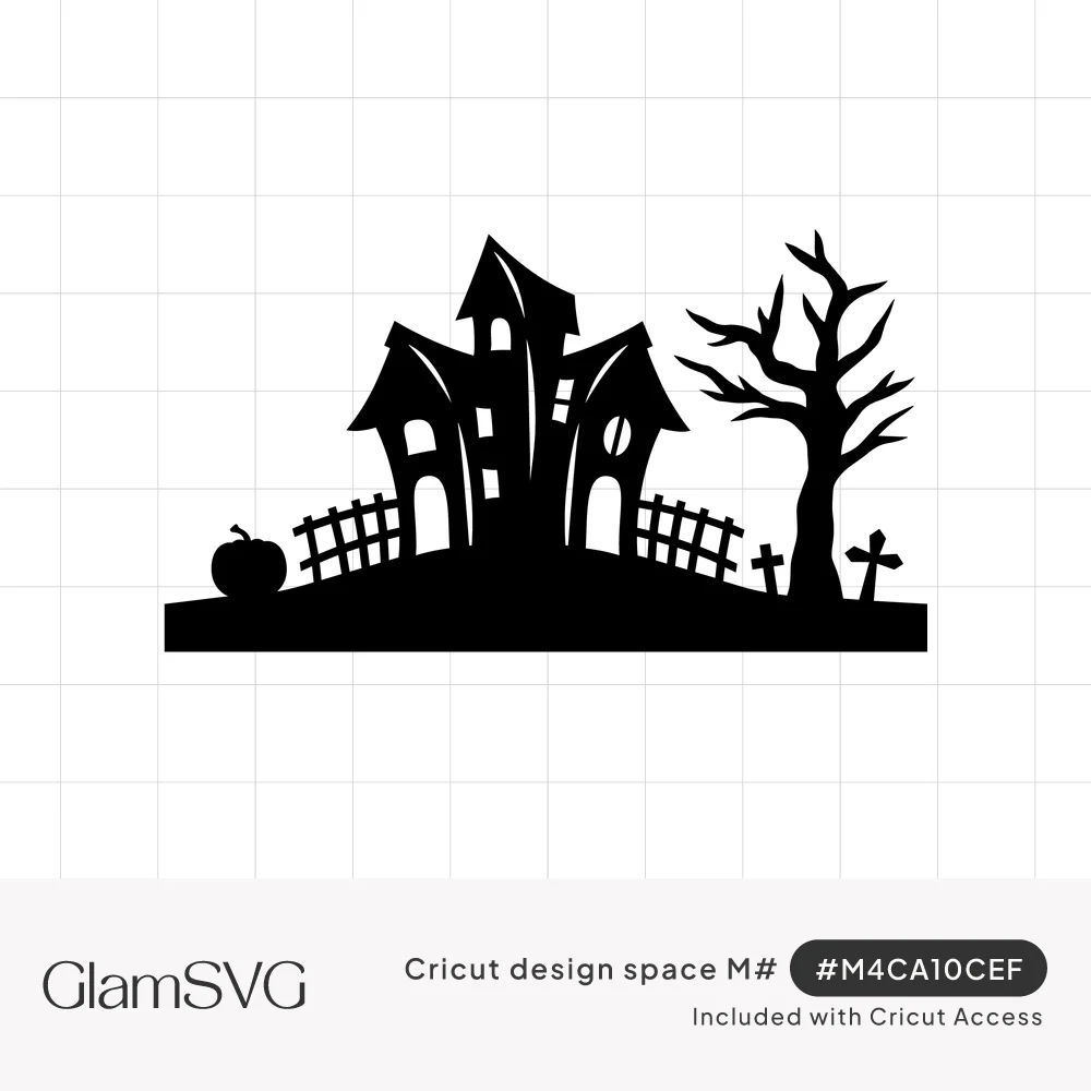 Black silhouette of a crooked haunted house on a hill with fences, a pumpkin, a bare tree and grave crosses