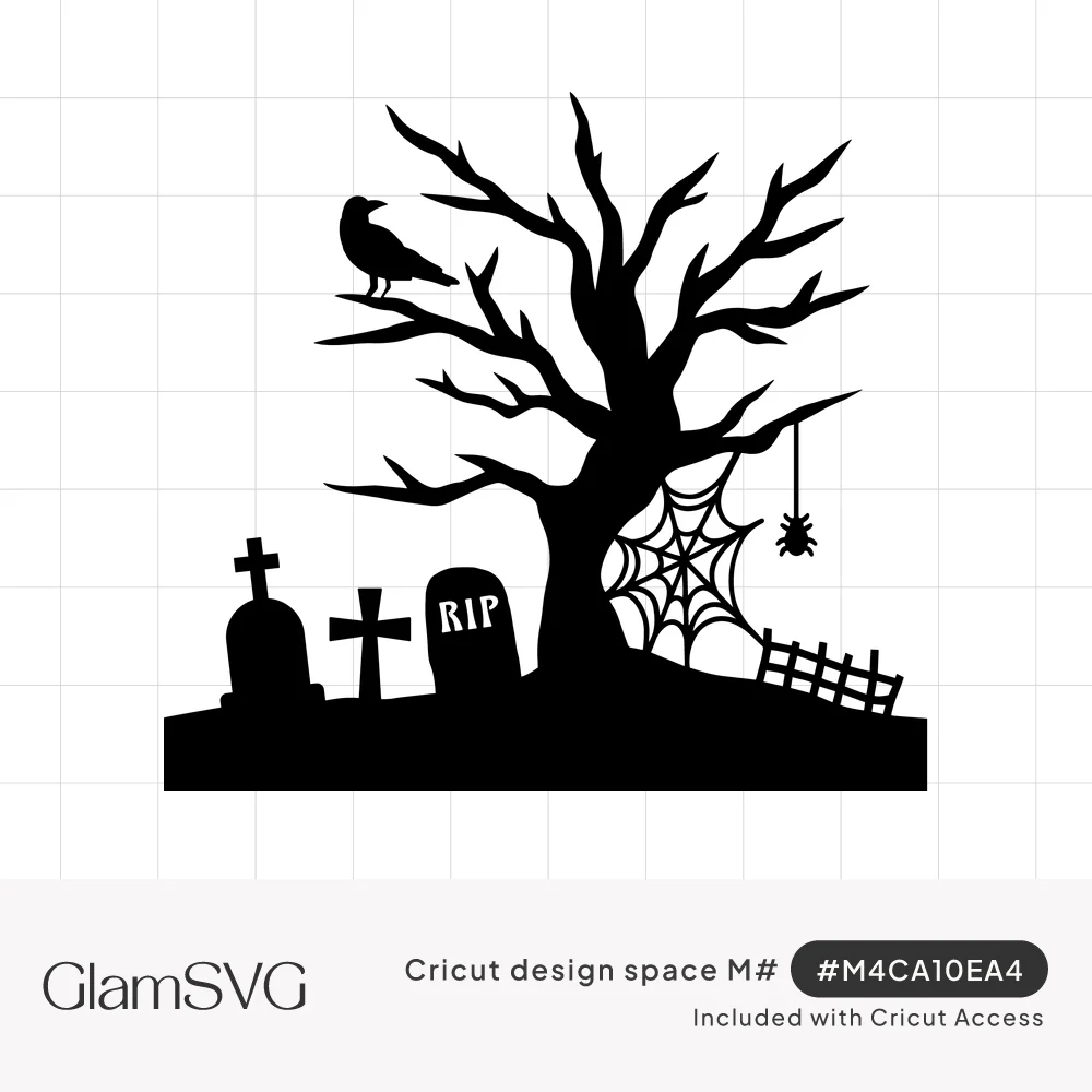 Black silhouette of a bare spooky tree with a crow, spider web, hanging spider, RIP tombstone, crosses and fence on a hill
