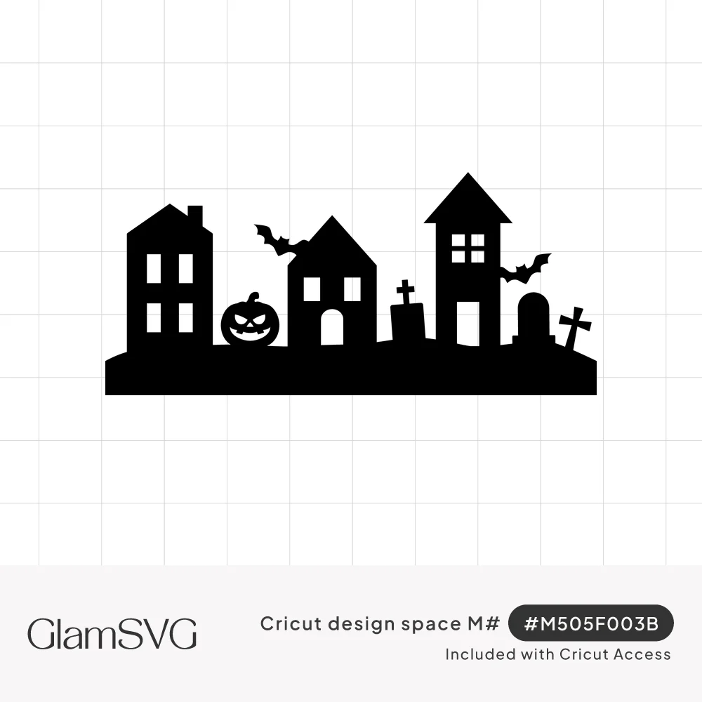 Black silhouette of haunted houses, a jack-o'-lantern, flying bats, tombstones and crosses along a ground line