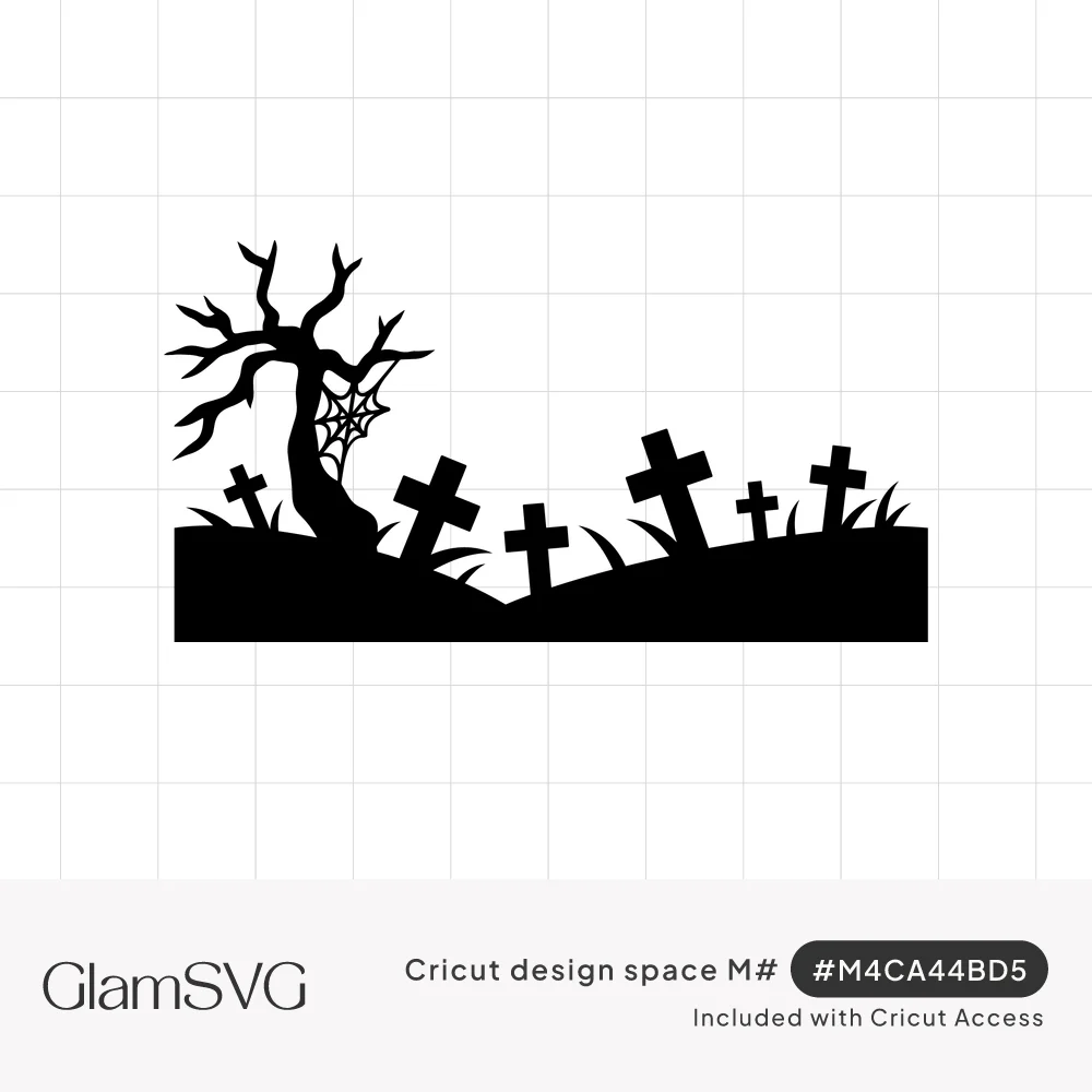 Black silhouette of a graveyard with a bare twisted tree, a spiderweb and crooked crosses on grassy hills