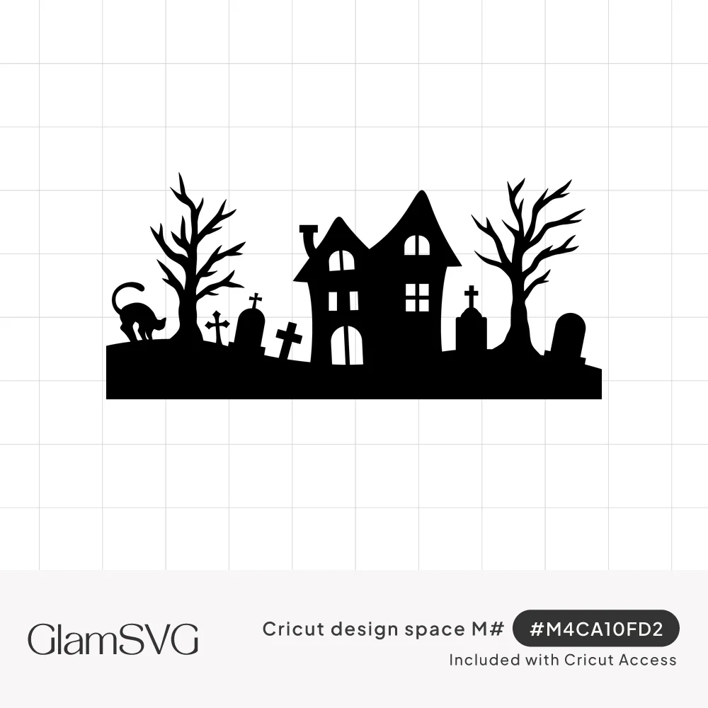 Black silhouette of a haunted house on a hill with bare trees, gravestones, crosses and an arched black cat