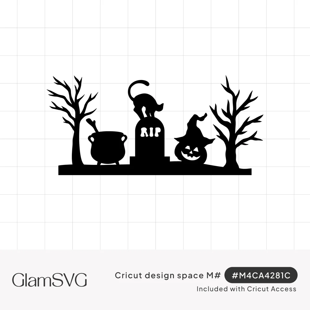 Black silhouette Halloween scene with bare trees, cauldron, cat on RIP tombstone and jack-o'-lantern in a witch hat