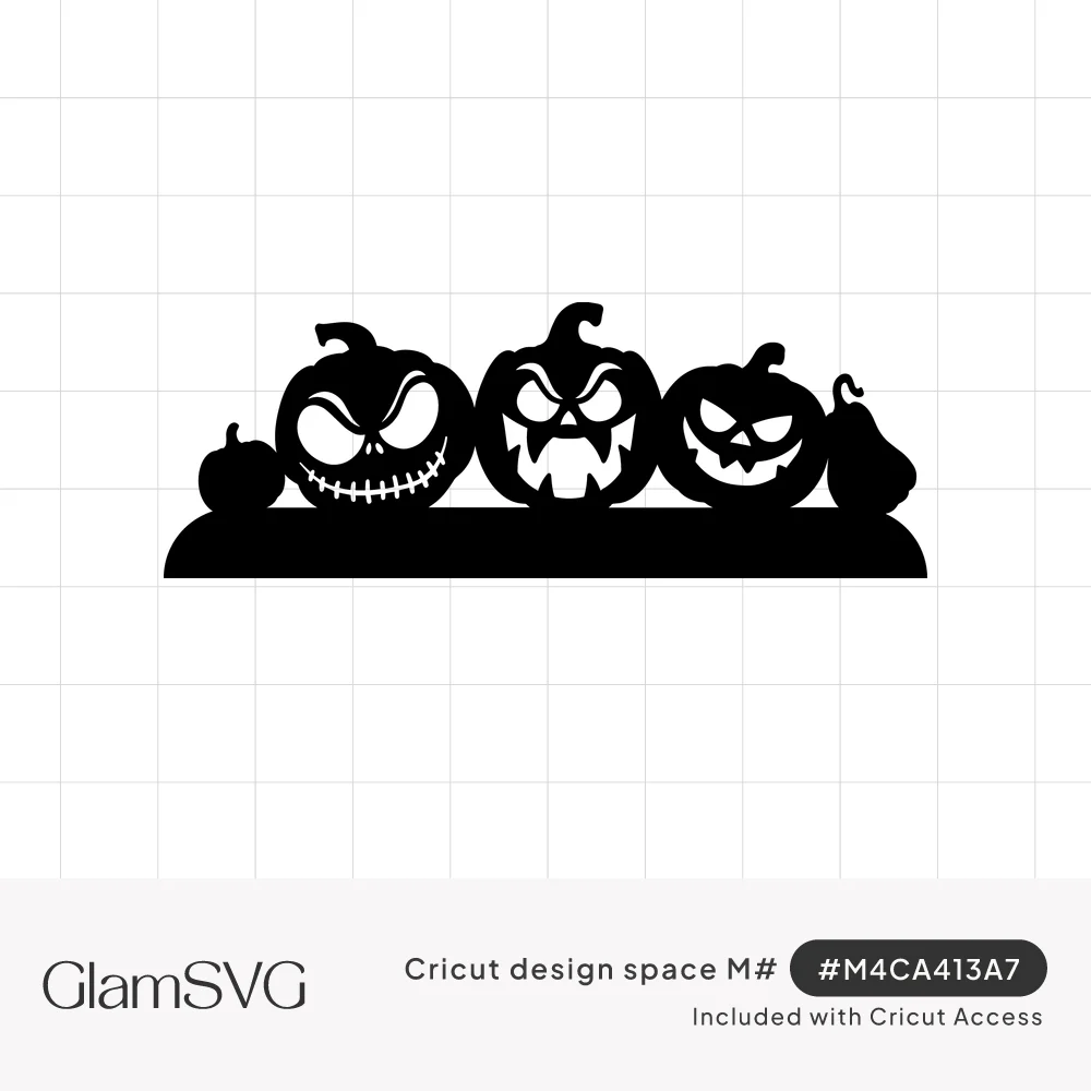 Black silhouette of three carved jack-o'-lanterns with scary faces, a small pumpkin and a gourd on a curved base