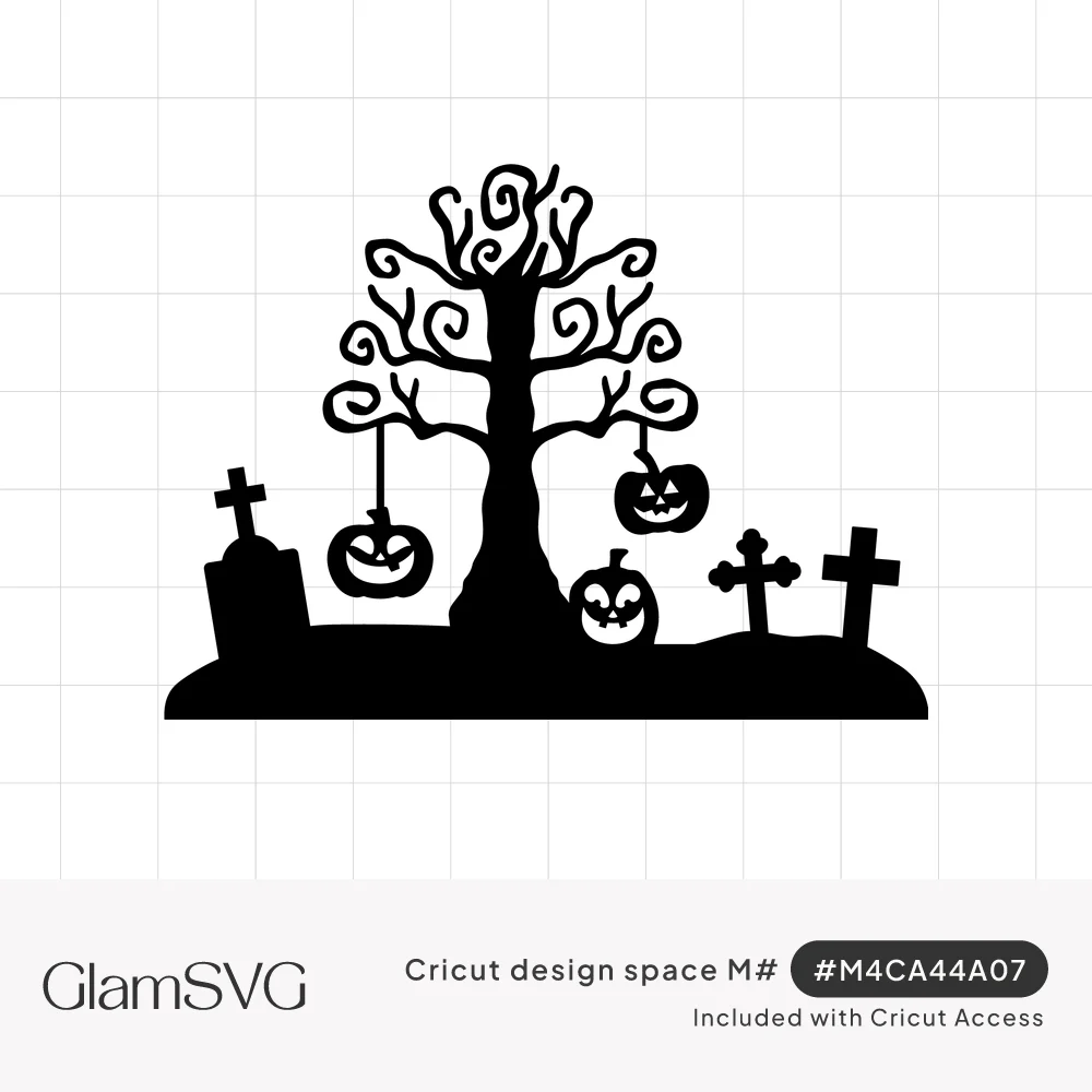 Black silhouette of a curly spooky tree with hanging jack-o'-lanterns, tombstones and crosses on a graveyard hill