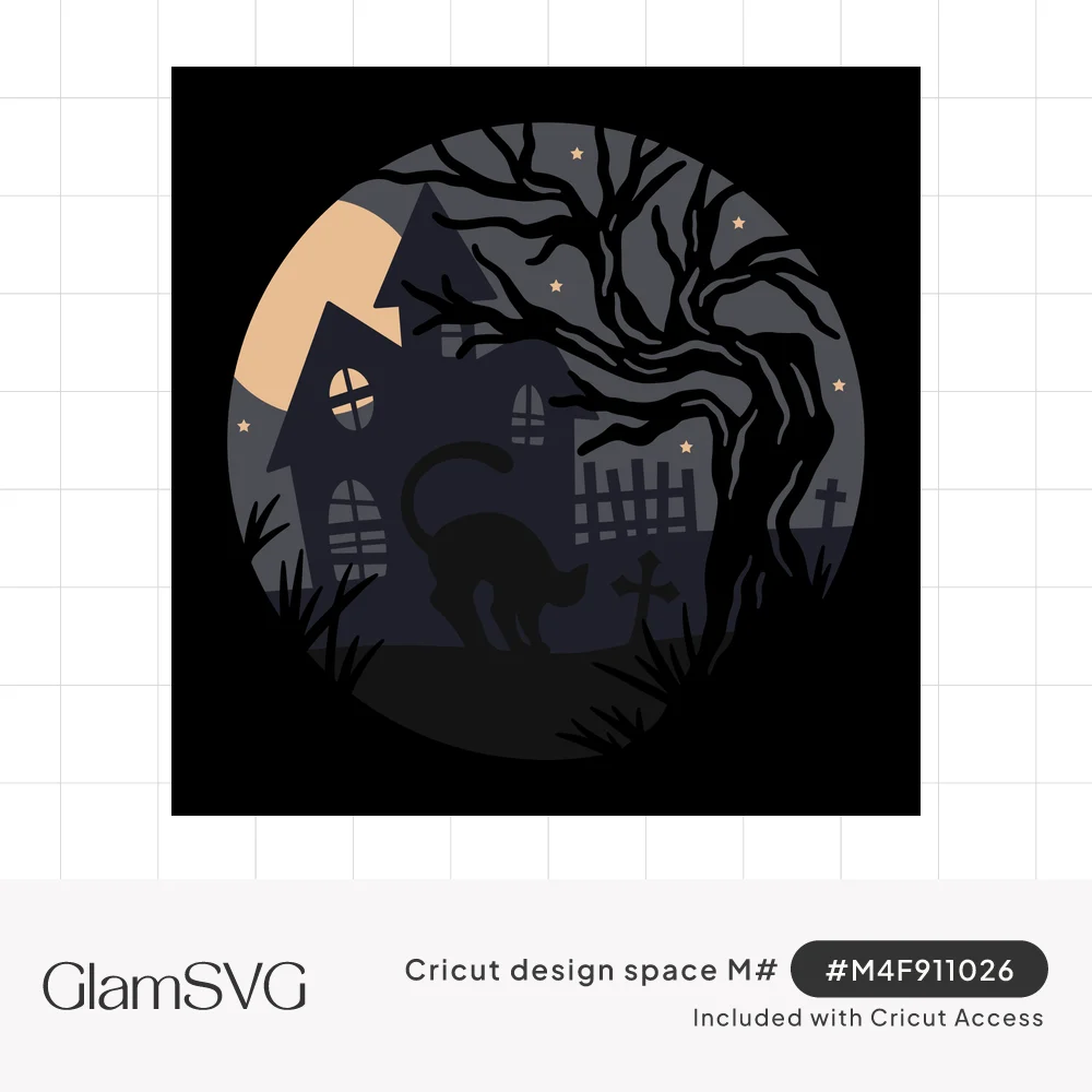 Layered circular Halloween scene with a black cat, haunted house, full moon, twisted tree and graveyard crosses