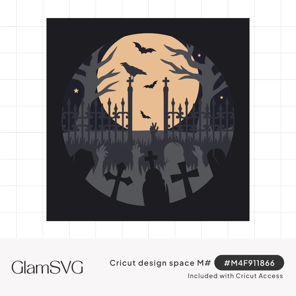 Round layered Halloween scene of a crow on a cemetery gate, bats, full moon, bare trees, tombstones and zombie hands