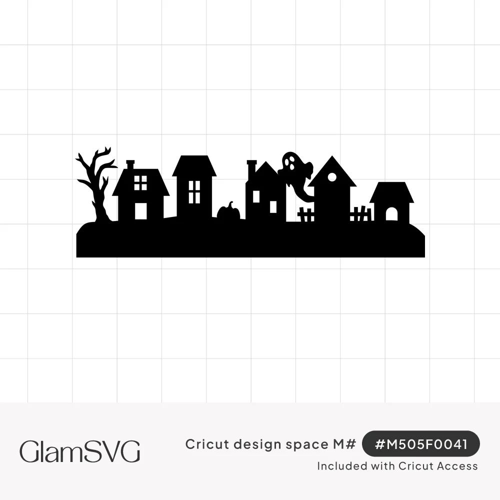 Black silhouette of a Halloween village with houses, a bare tree, a small pumpkin, fences and a ghost above a rooftop