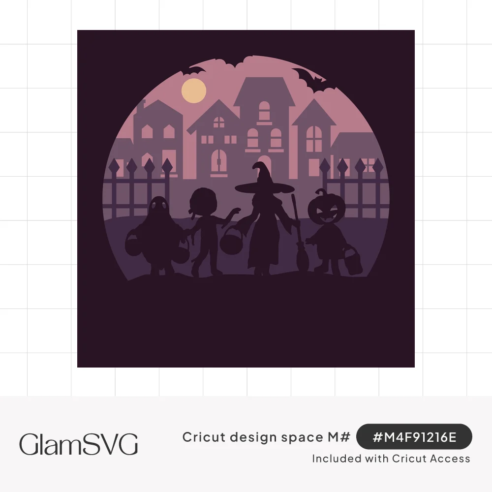 Circular layered Halloween scene of costumed trick-or-treater silhouettes by a fence, houses, full moon and bats