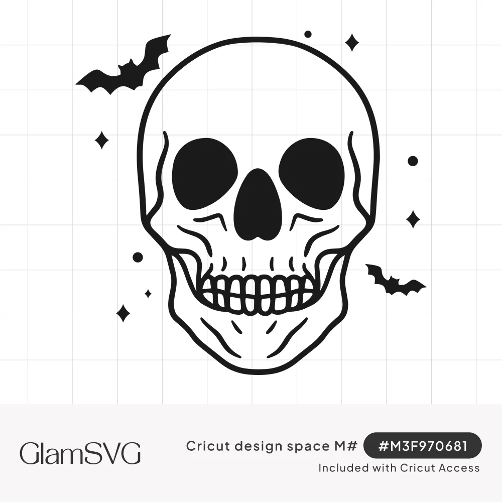 Black line art skull with dark eye sockets and toothy grin, surrounded by two flying bats, sparkles and dots