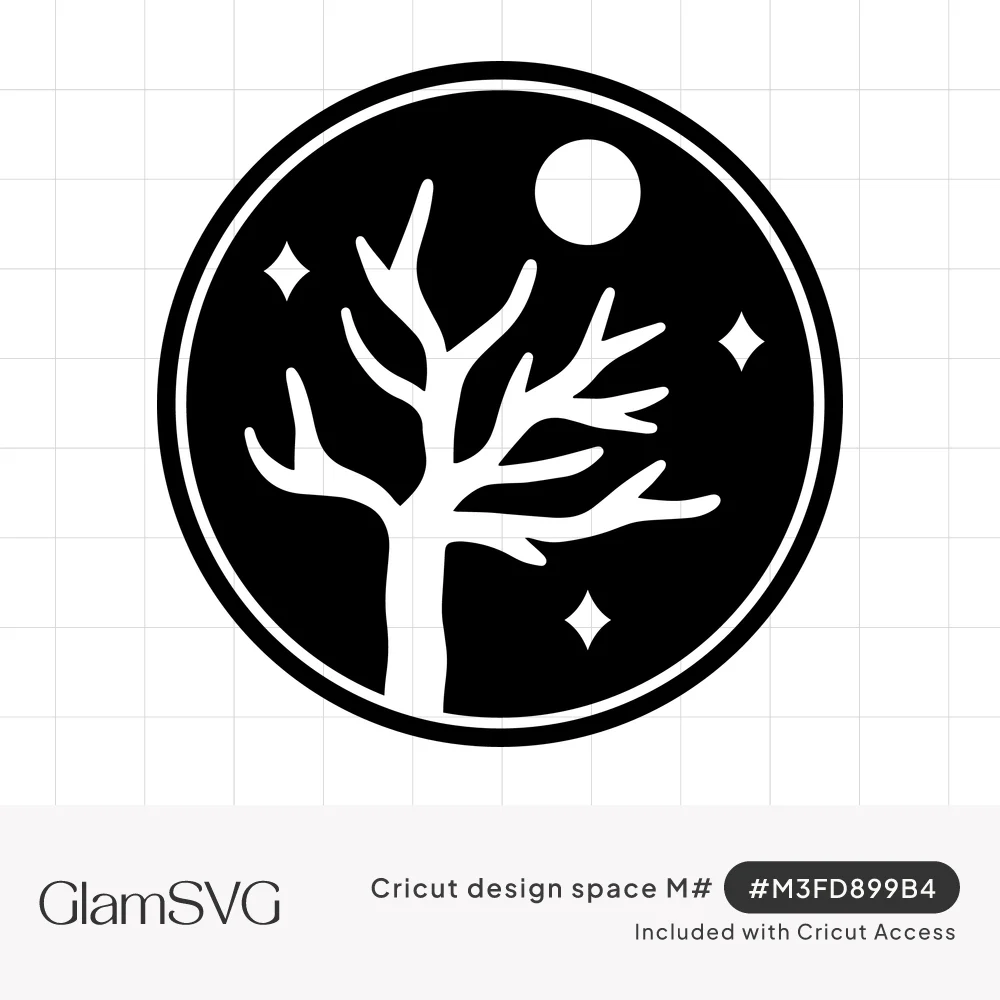 Black circle with a white bare branching tree, full moon and four-point stars inside a thin ring border