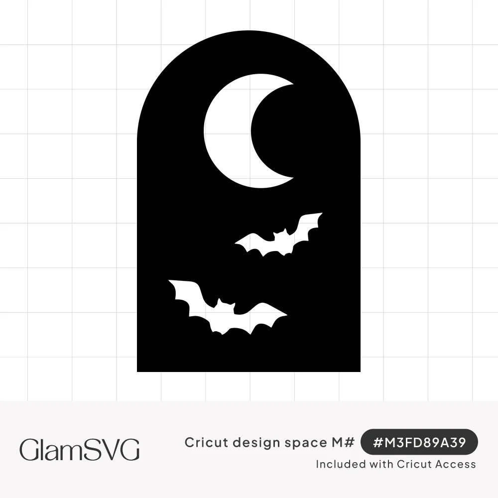 Black arched window silhouette with a white crescent moon and two flying bats cut out as negative space