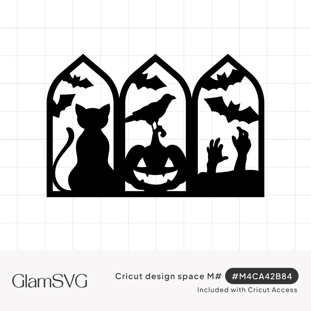 Black silhouette of three gothic arched windows showing a cat, a crow on a jack-o-lantern, zombie hands and flying bats