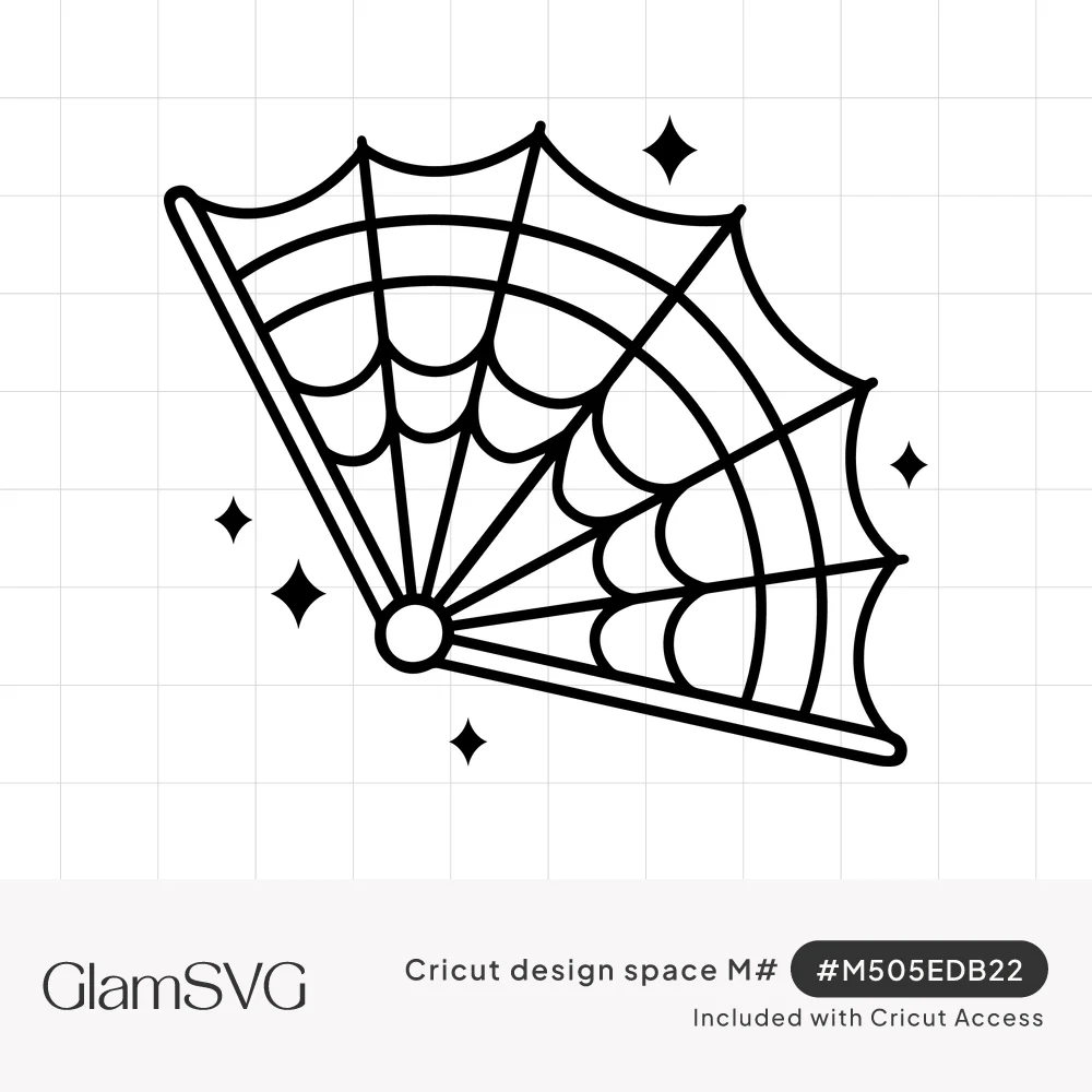 Black line art of an open folding hand fan with spiderweb pleats, surrounded by small four-point sparkles