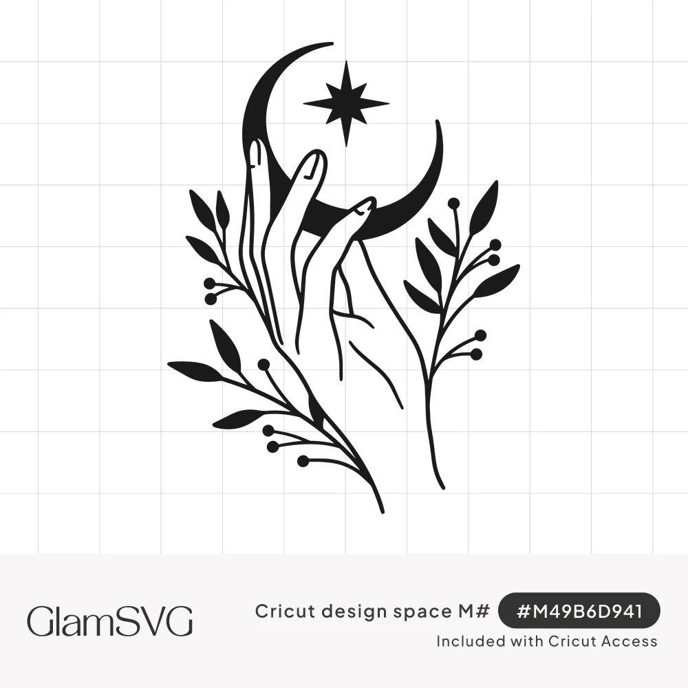 Black line art of a hand holding a crescent moon with a four-point star, framed by leafy berry branches