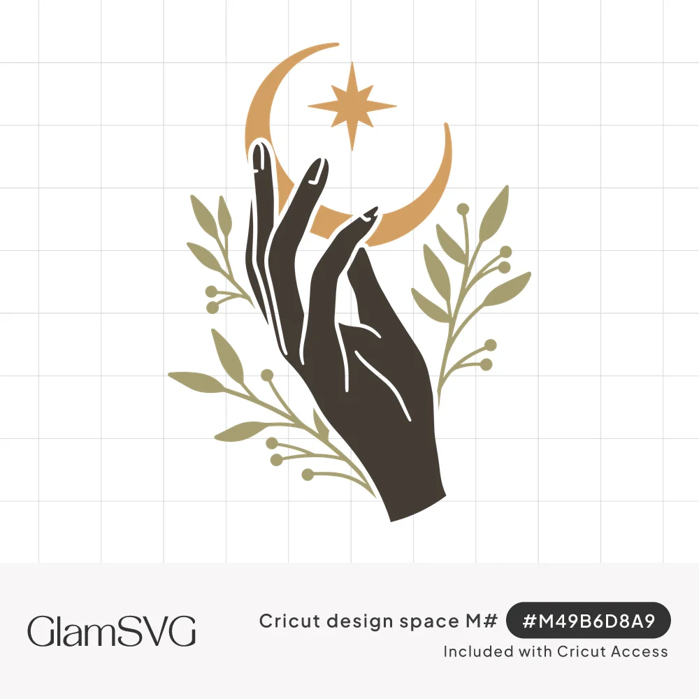 Dark illustrated hand reaching up to a gold crescent moon and four-point star, surrounded by sage green leafy sprigs