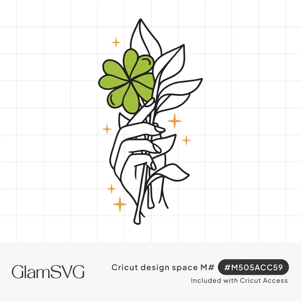 Line drawing of a hand holding a green shamrock and leafy stems, surrounded by small gold sparkles
