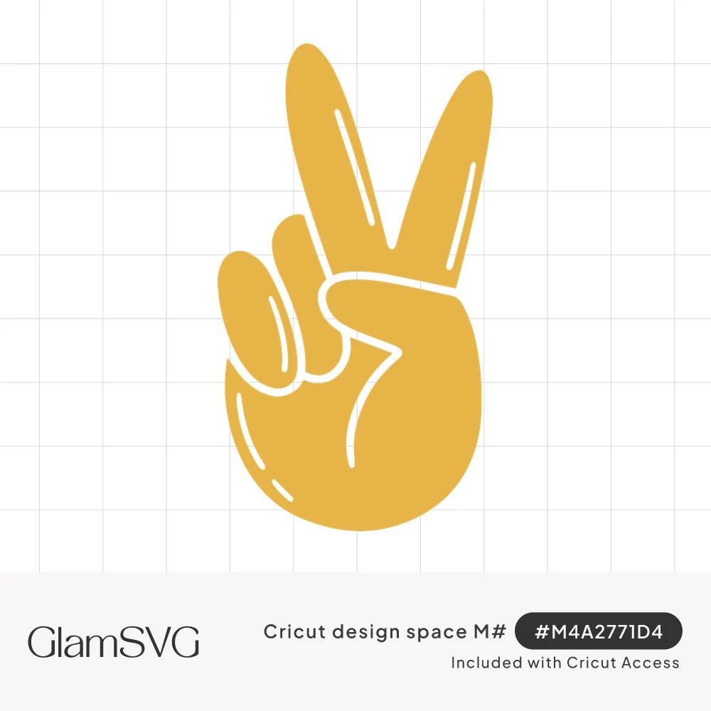 Mustard yellow cartoon hand making a peace sign with two raised fingers and white highlight lines