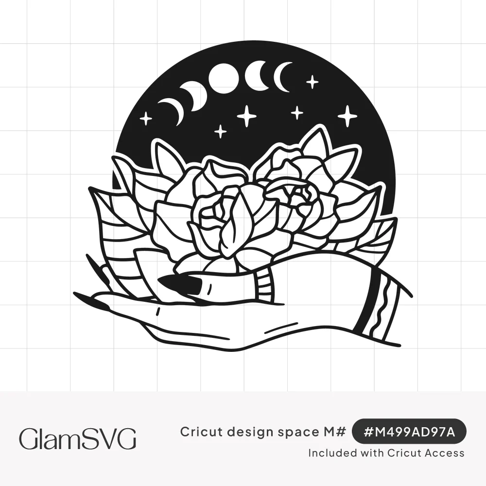 Black and white line art of a hand with long nails holding roses in front of a dark circle with moon phases and stars