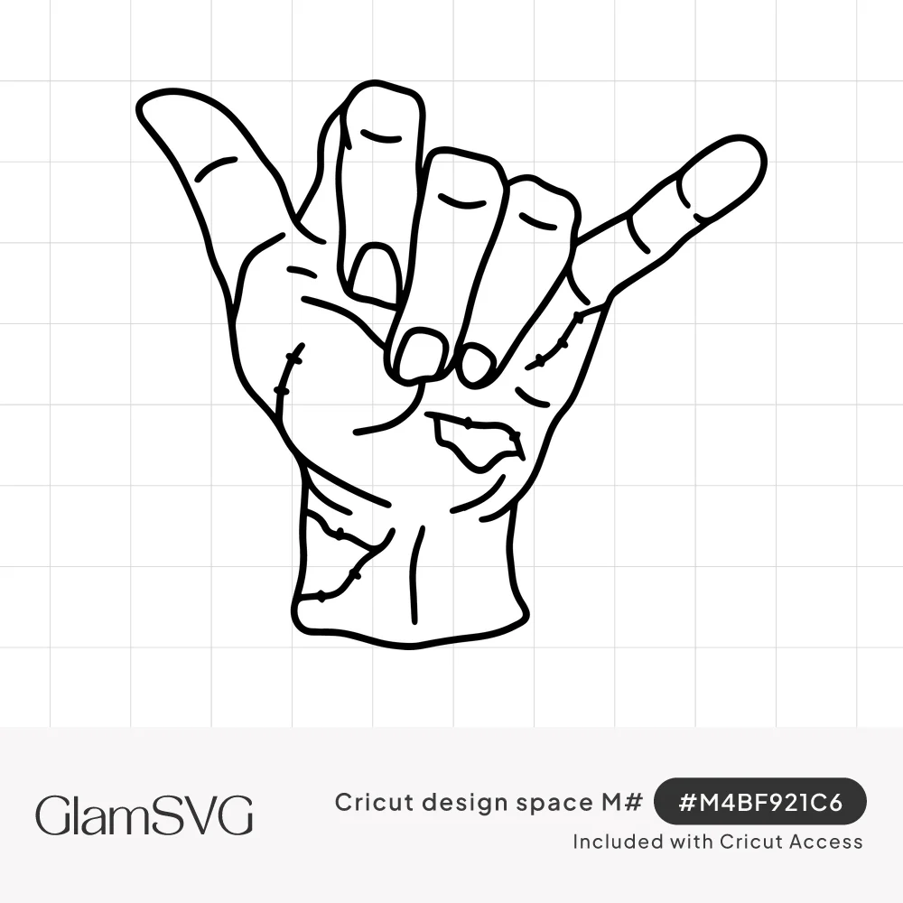 Black line drawing of a hand making the shaka hang loose sign, with scuff and crack details on the skin