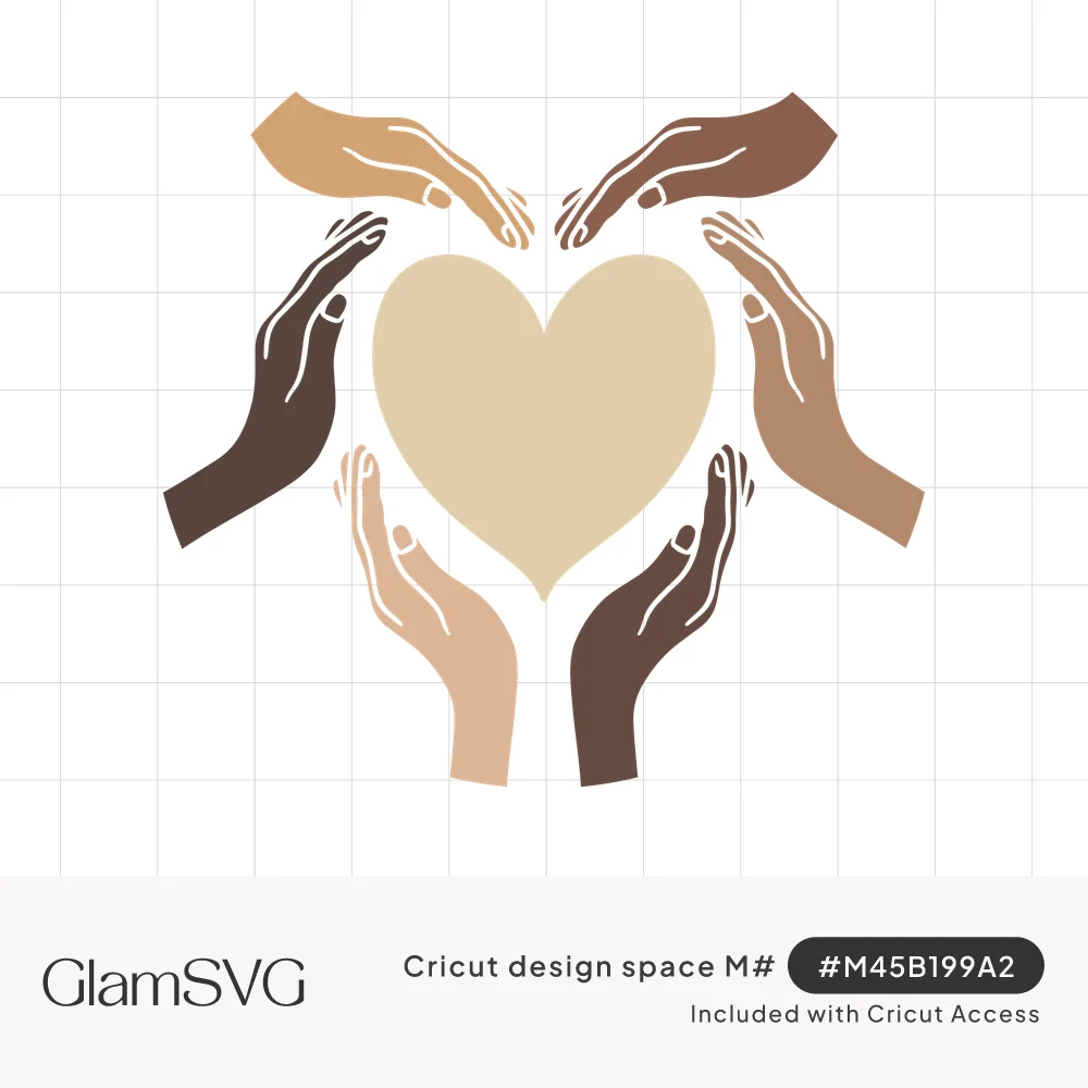 Six hands in varied skin tones curving around a beige heart in the center, forming a circle of unity