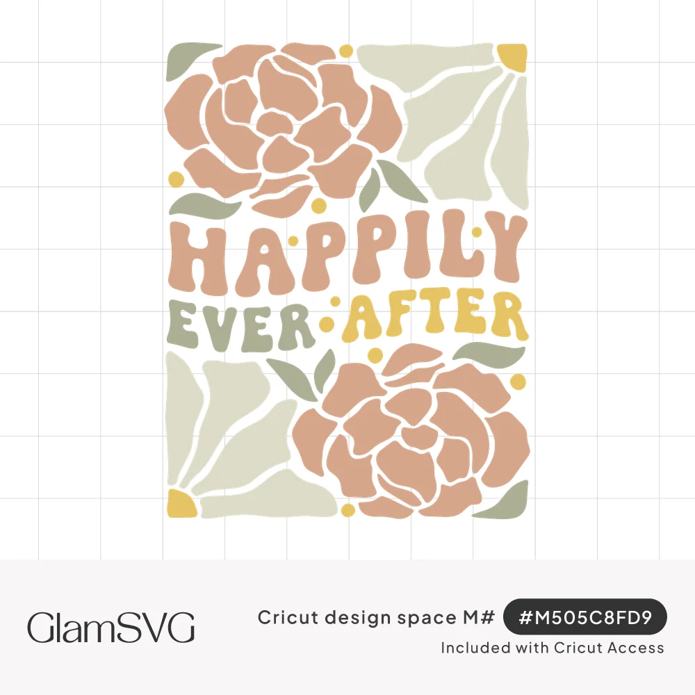 Groovy Happily Ever After lettering between large rose-pink peonies, sage leaves, pale daisy petals and yellow dots
