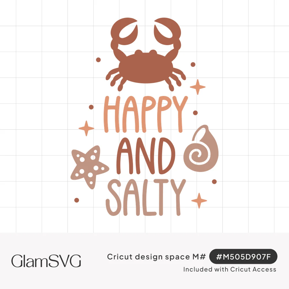 Crab above hand-lettered text Happy and Salty with a starfish, spiral seashell, sparkles and dots in warm earthy tones